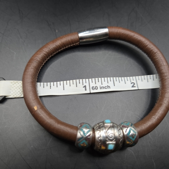 Brighton Brown Leather Bracelet w/ Silver Tone Turquoise Beads | Magnetic Clasp - Picture 9 of 9